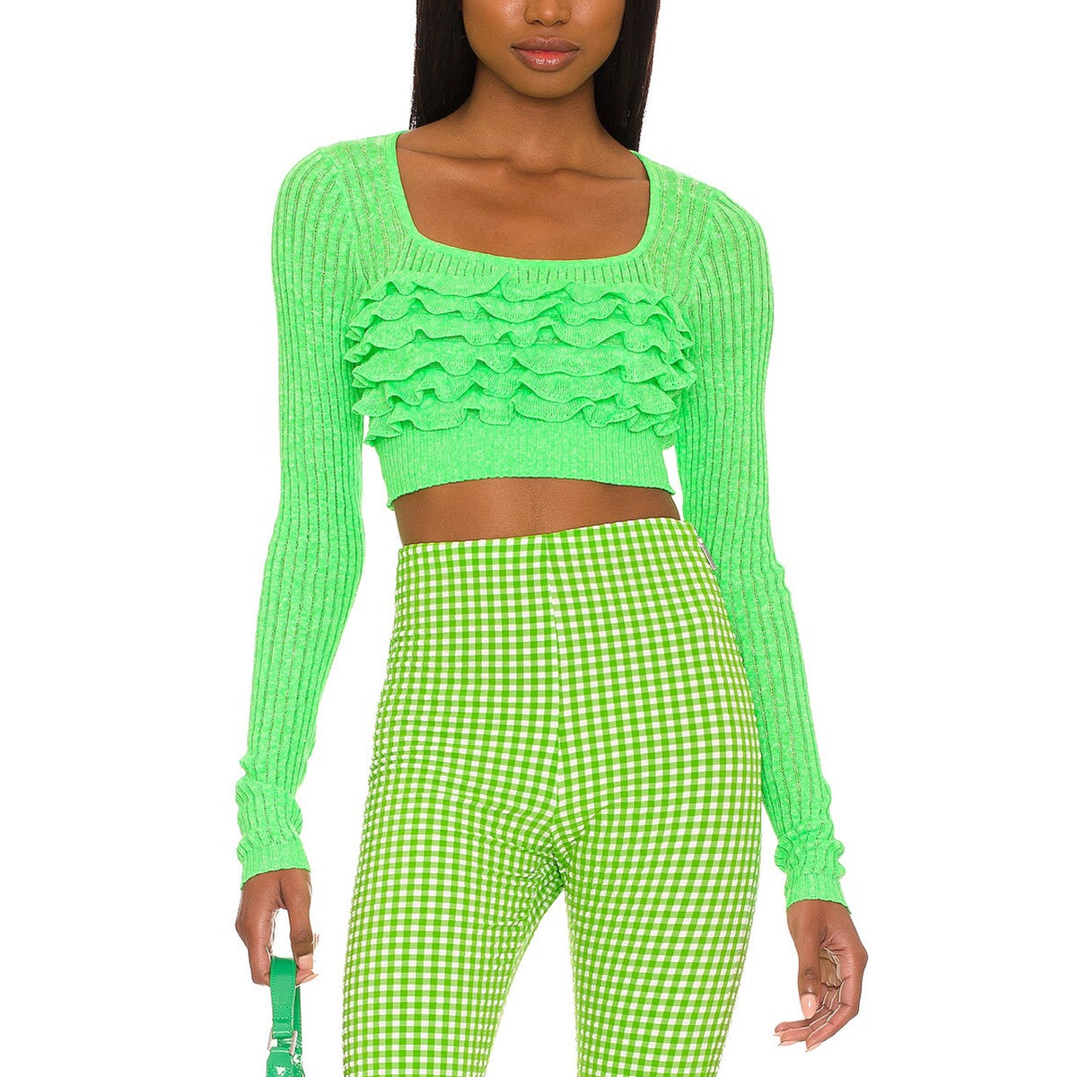 Msgm Ribbed Green Ruffle Bust Knit Top Size XS