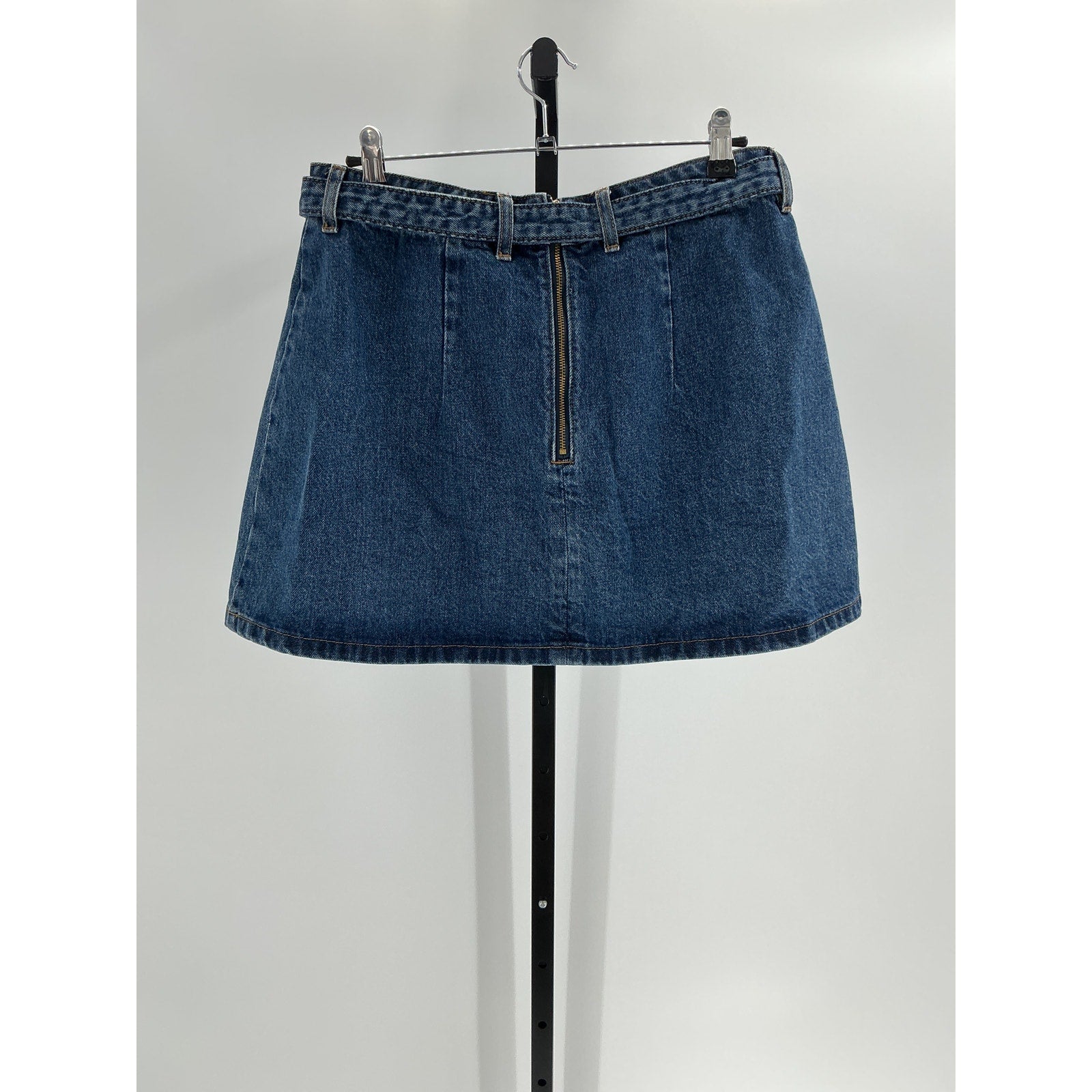 Self-Portrait Belted Blue Cotton Pleated Denim Mini Skirt Size M / 8 US