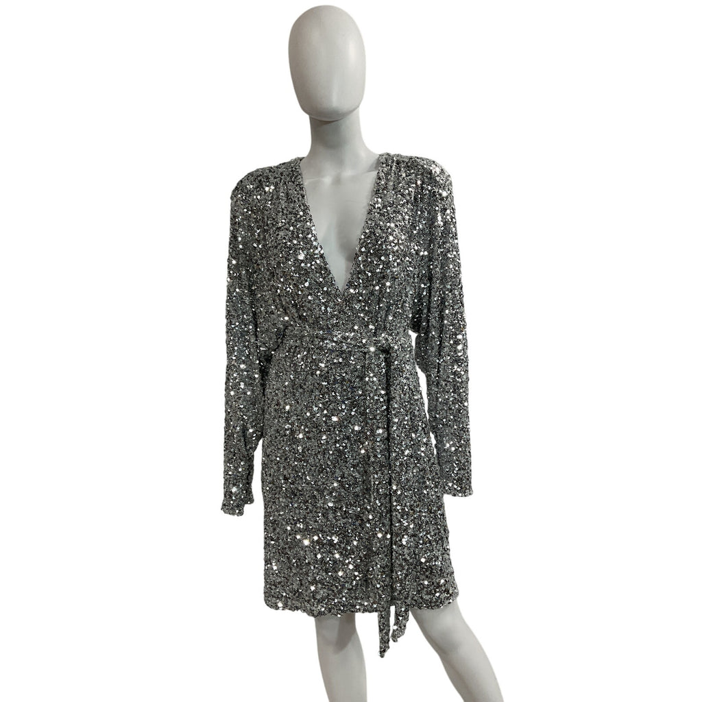 Rotate Birger Silver Christensen 'Samantha' Belted Sequined Stretch-Jersey Mini Wrap Dress Size 6