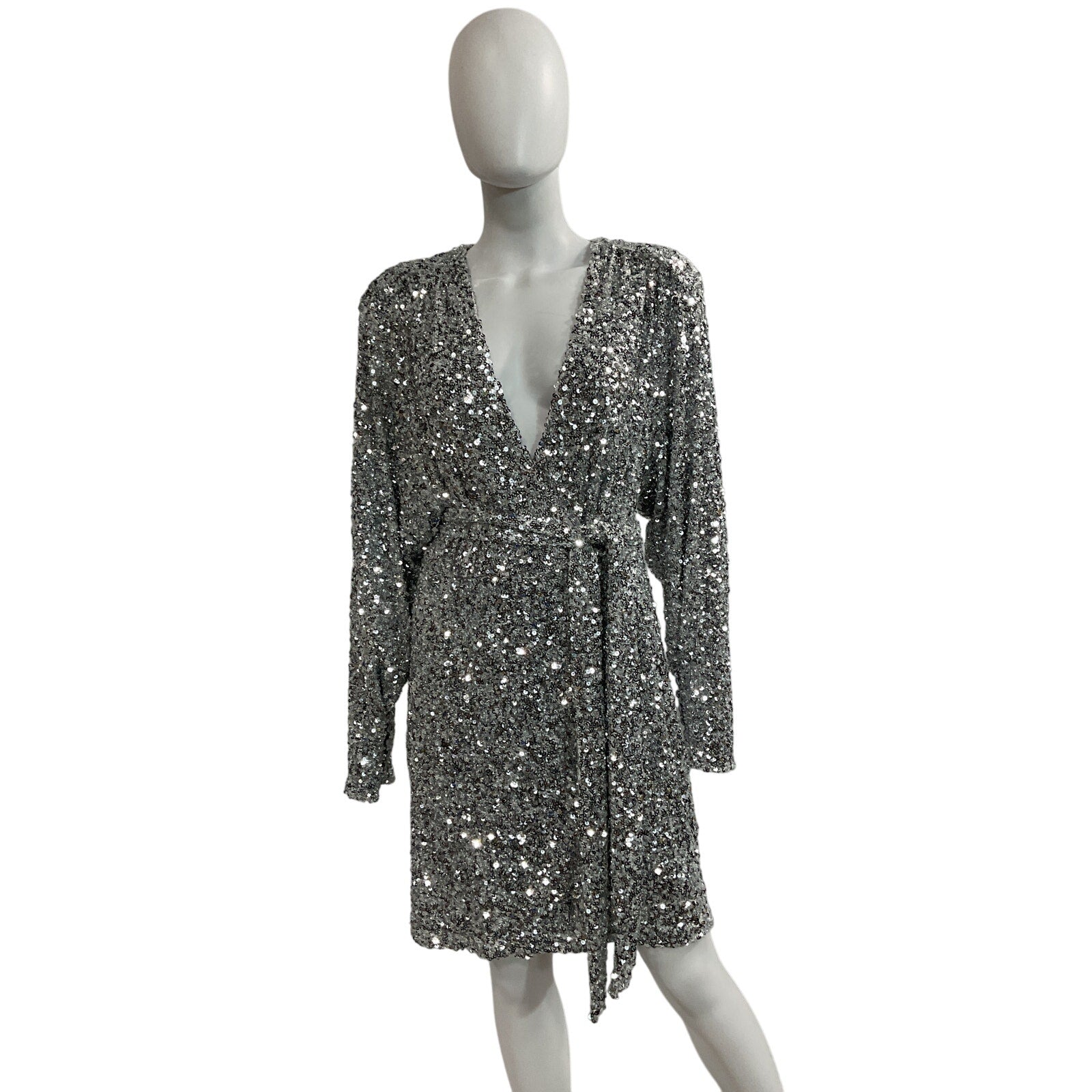 Rotate Birger Silver Christensen 'Samantha' Belted Sequined Stretch-Jersey Mini Wrap Dress Size 6