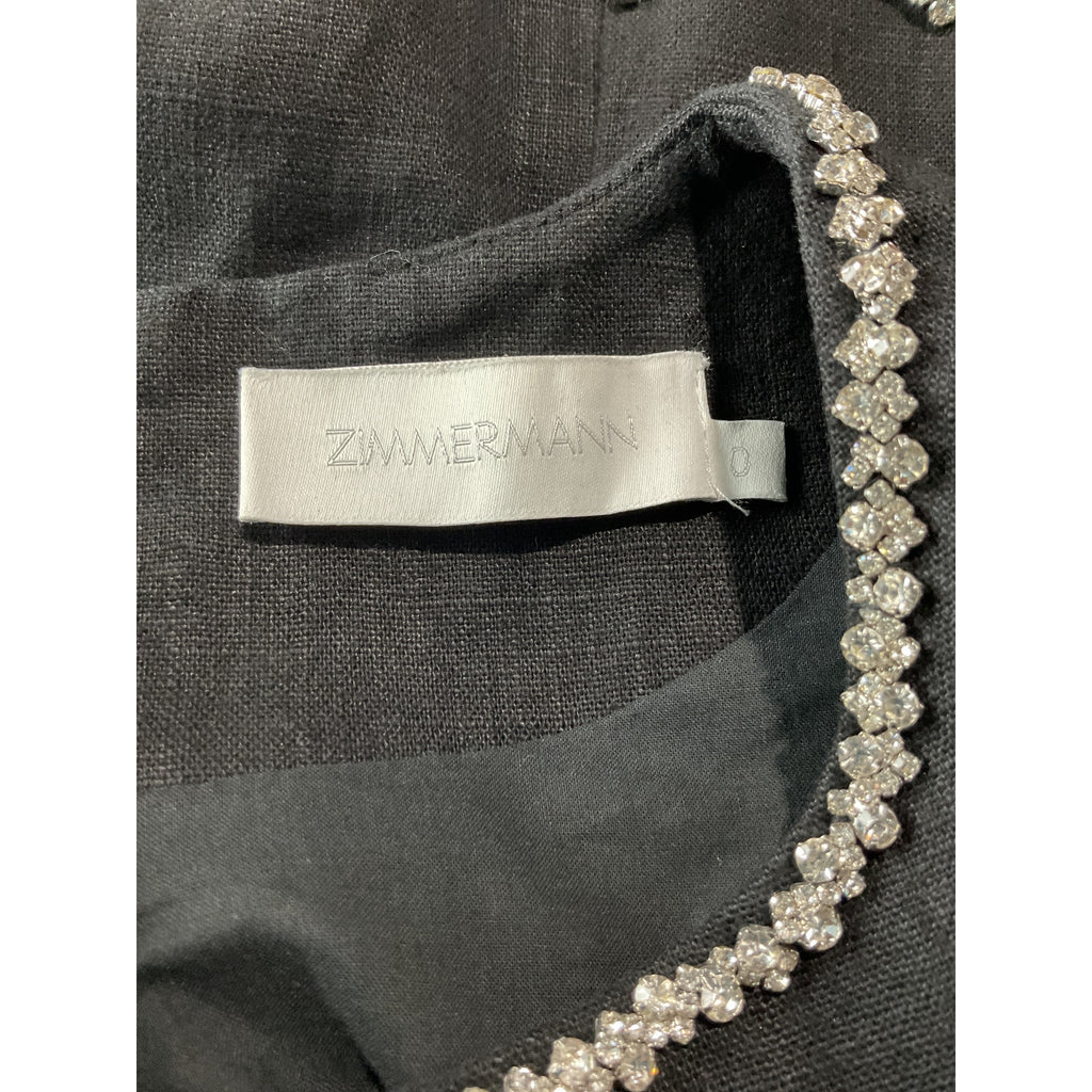 Zimmermann Crush Black Linen Crystal-Embellished Scalloped Crop Top Size 0