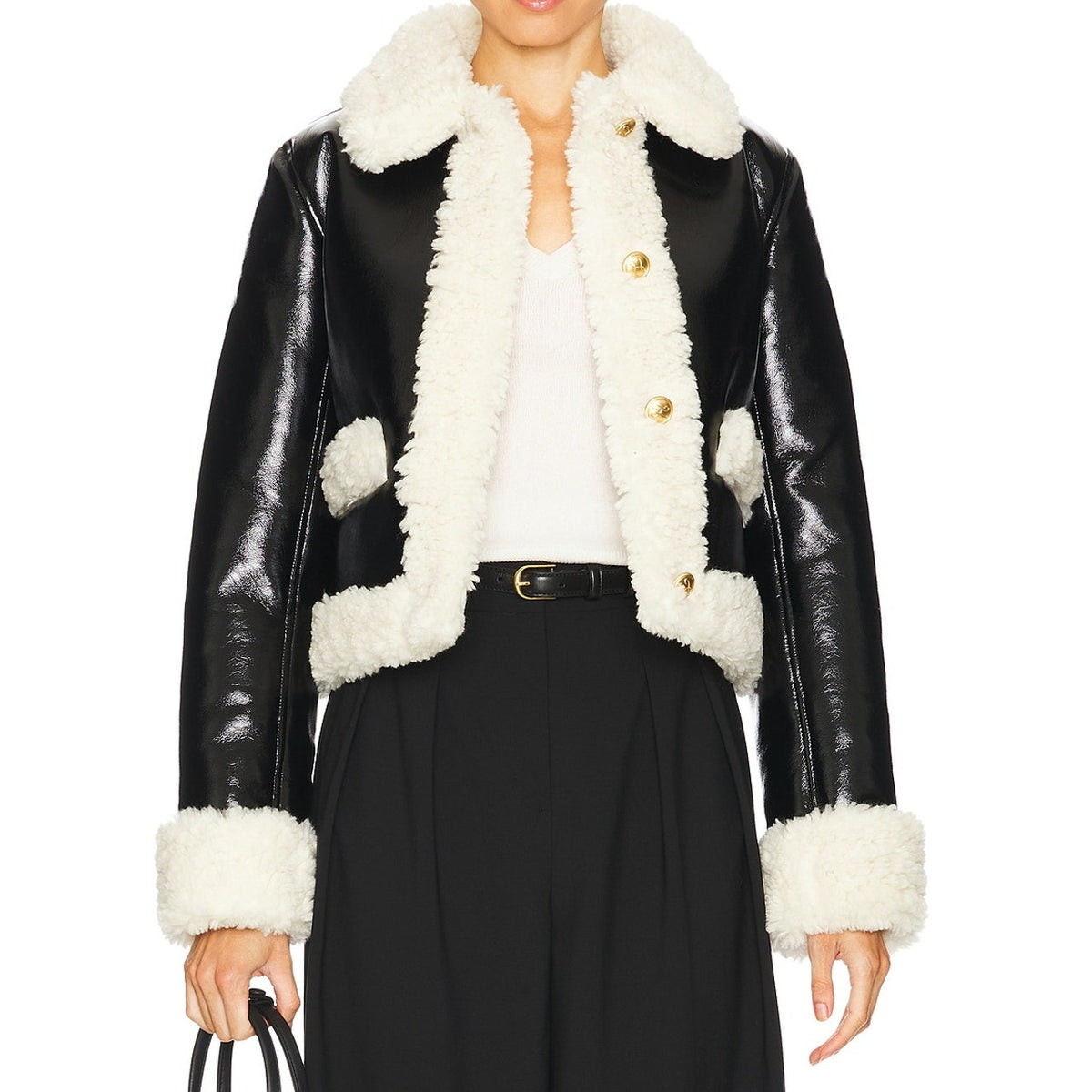 L'Academie Faux Shearling Trimmed Black And Beige Corsica Jacket Size XXS