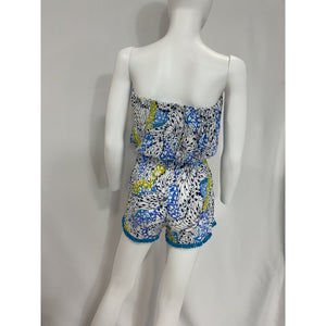 Poupette St Barth 'Ambra' Blue Strapless Fringe-Trimmed Playsuit Size M