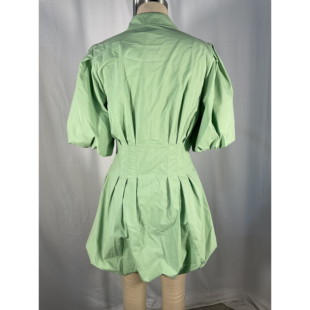 Jonathan Simkhai 'Cleo' Green Cotton Pleated Puff-Sleeve Mini Dress Size 4 - NWT
