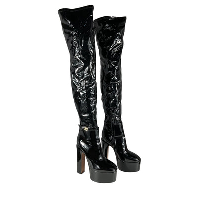 Valentino Patent Black Tan Go Over The Knee Boots Size 38.5 EU / US 8.5