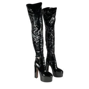 Valentino Patent Black Tan Go Over The Knee Boots Size 38.5 EU / US 8.5