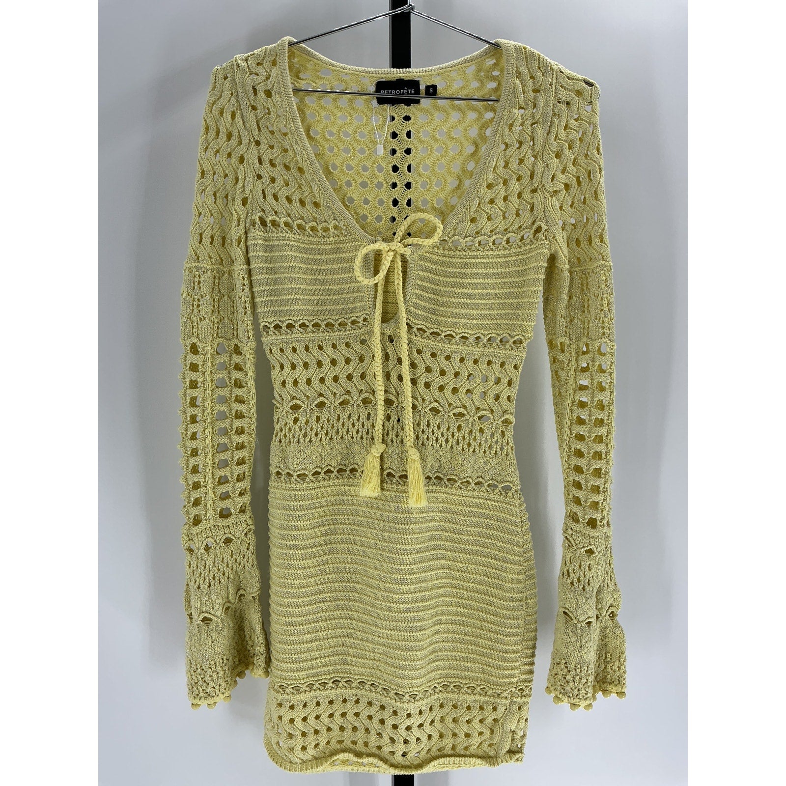 Retrofete 'Peony' Yellow Cotton Knit Crochet Dress Size S