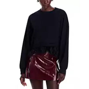 Cinq à Sept Feather Trimmed Black Albertine Sweatshirt Size S