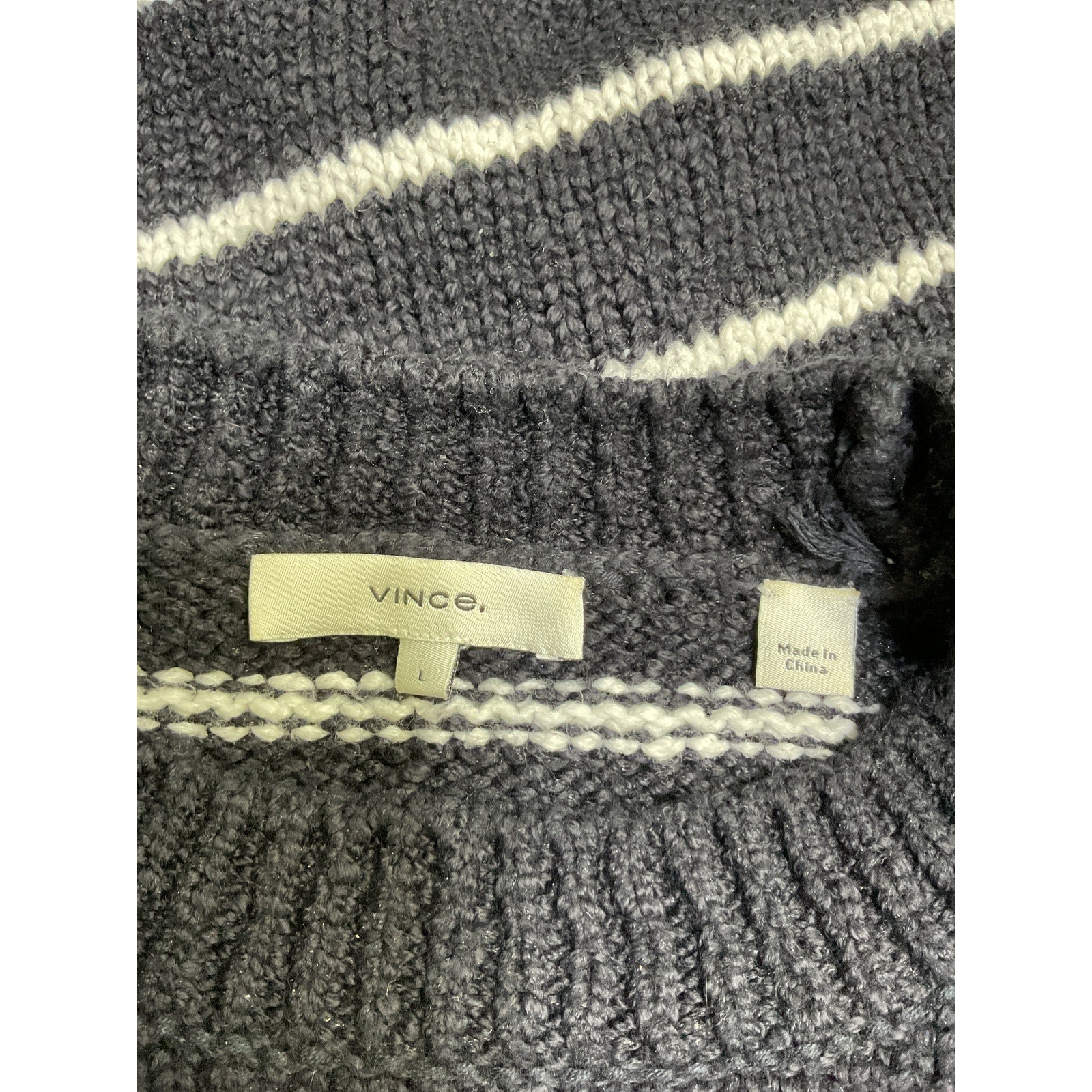 Vince Textured Stripe Black Cotton Crew Sweater Size L
