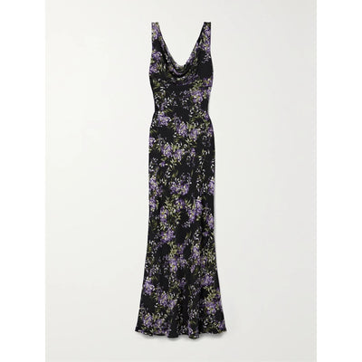 Norma Kamali Draped Floral-Print Black Polyester Georgette Gown Size XS