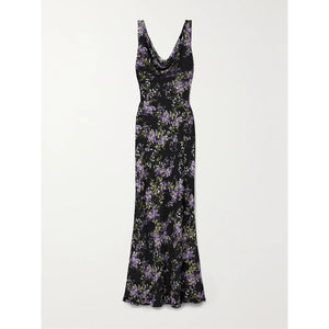 Norma Kamali Draped Floral-Print Black Polyester Georgette Gown Size XS