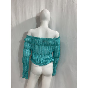 Missoni Off-The-Shoulder Blue Shirred Metallic Crochet-Knit Sweater Size 4