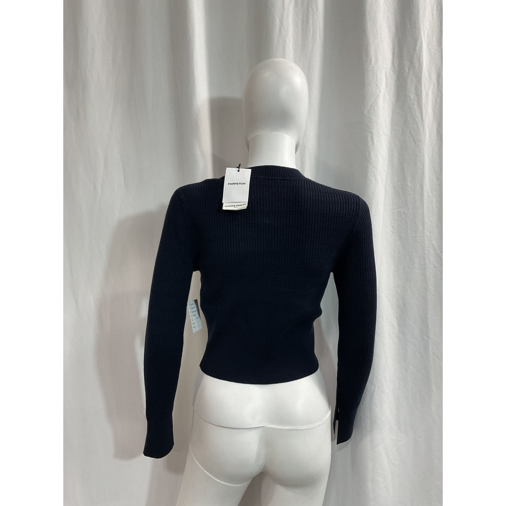 Claudie Pierlot Navy Fine-Knit Gold Bow Detail Long Sleeve Sweater Size M