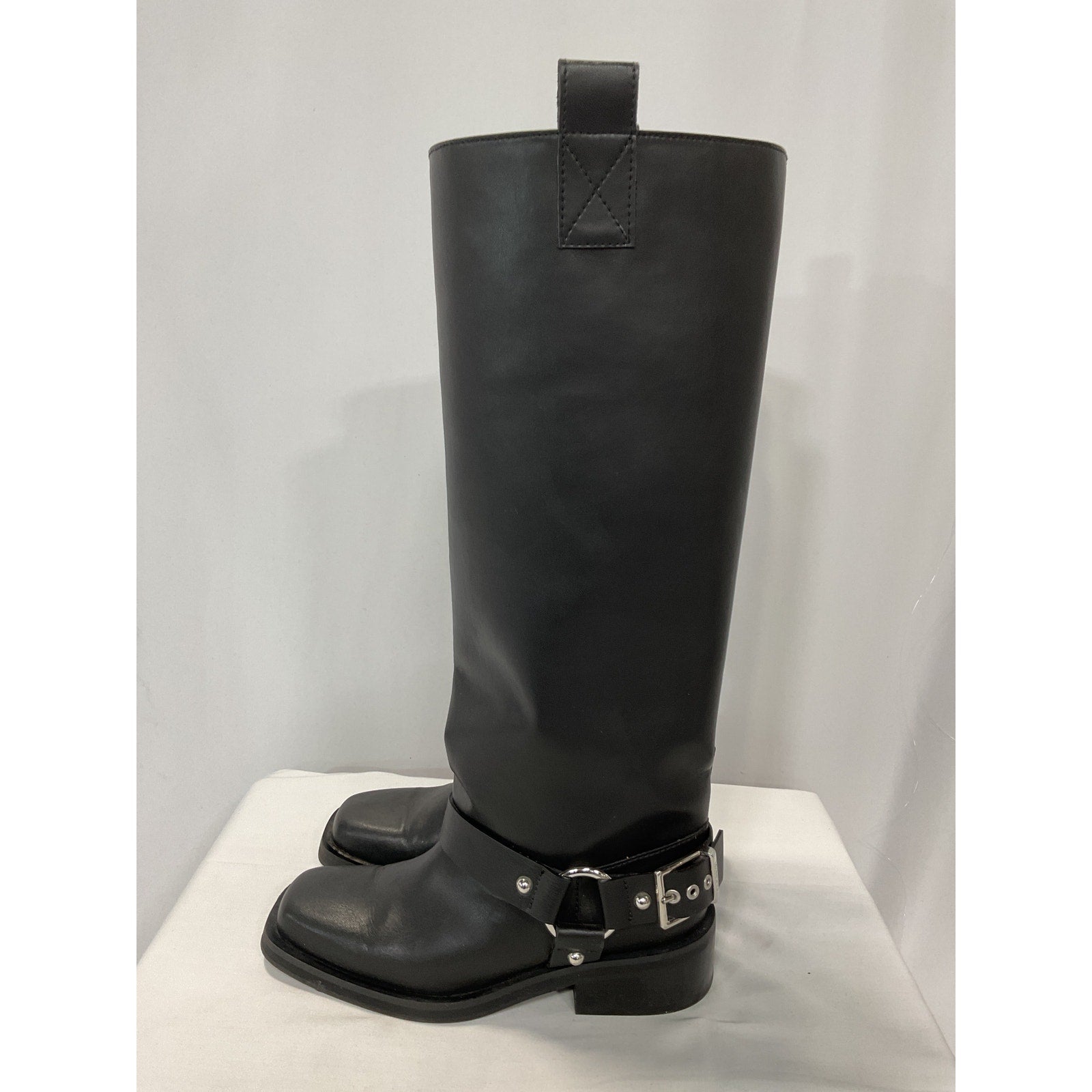 Ganni 'Under-Knee' Black Square Toe Faux Leather Biker Boots Size 10