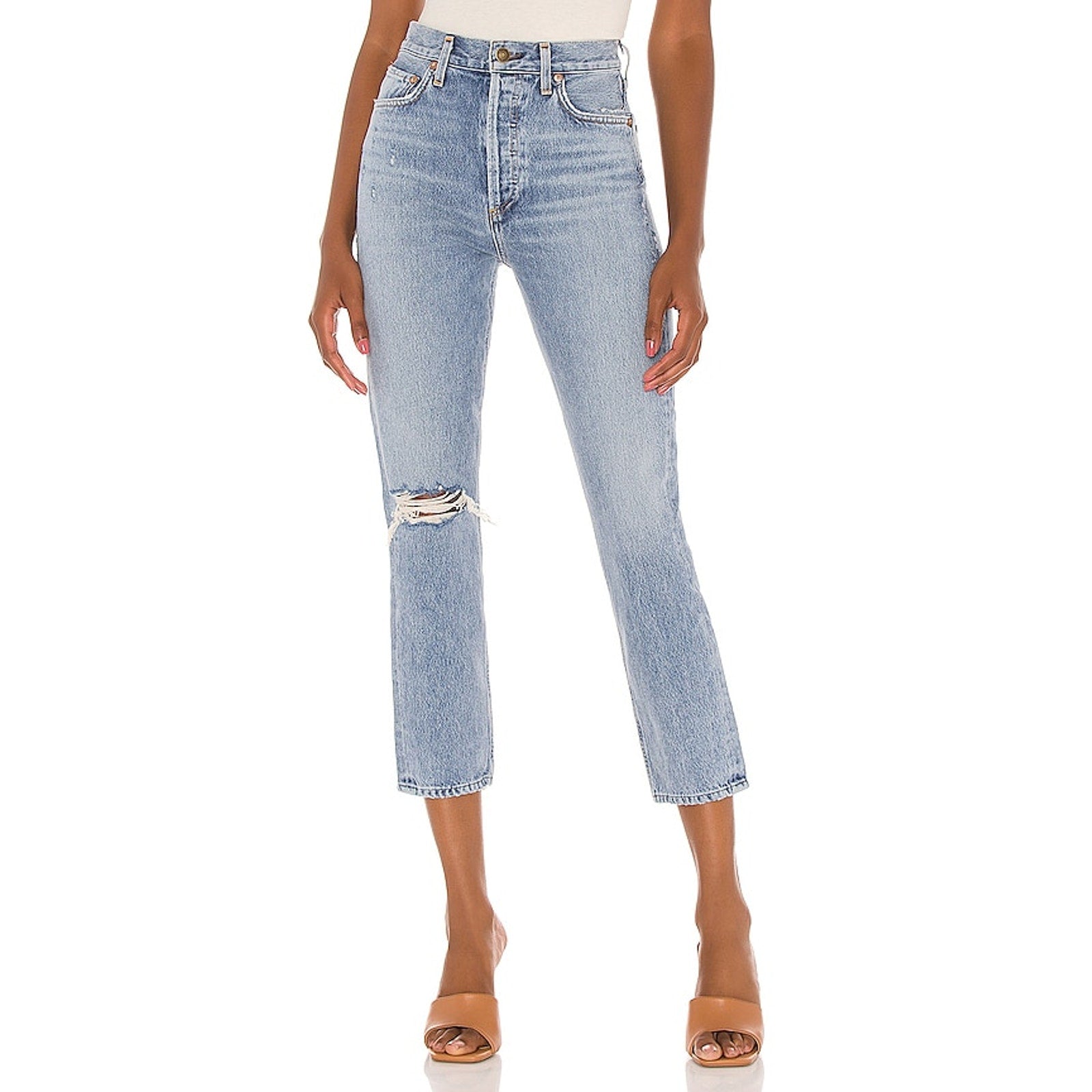 Agolde 'Riley' Blue Cotton High Rise Straight Crop Jean Size 24