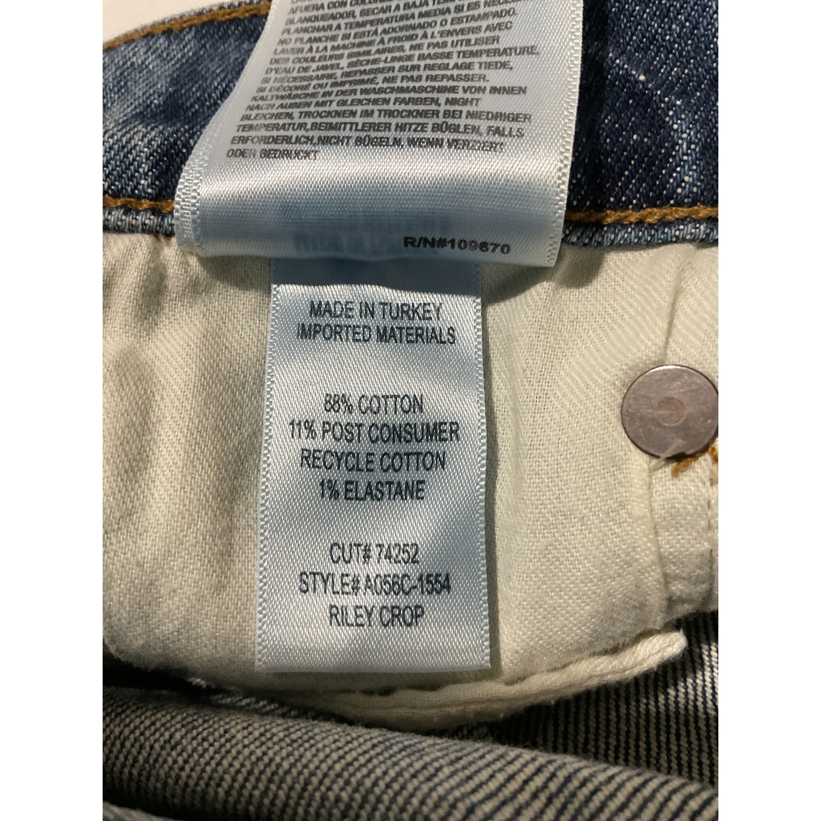 Agolde 'Riley' Blue Cotton High Rise Straight Crop Jean Size 29