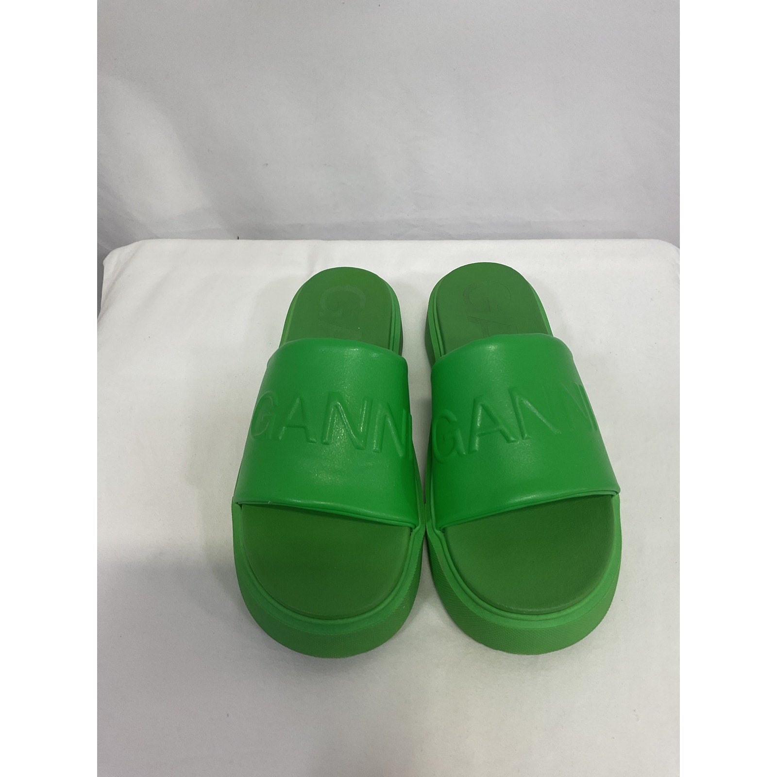 Ganni Logo-Embossed Vegan Green Leather Platform Slides Size 9