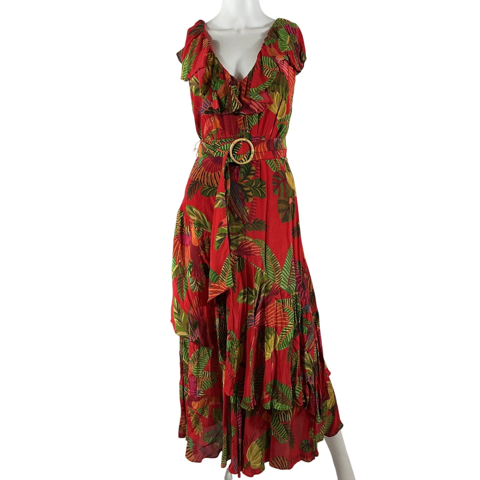 Farm Rio Forest Birds Red Belted Midi Dress Size XS