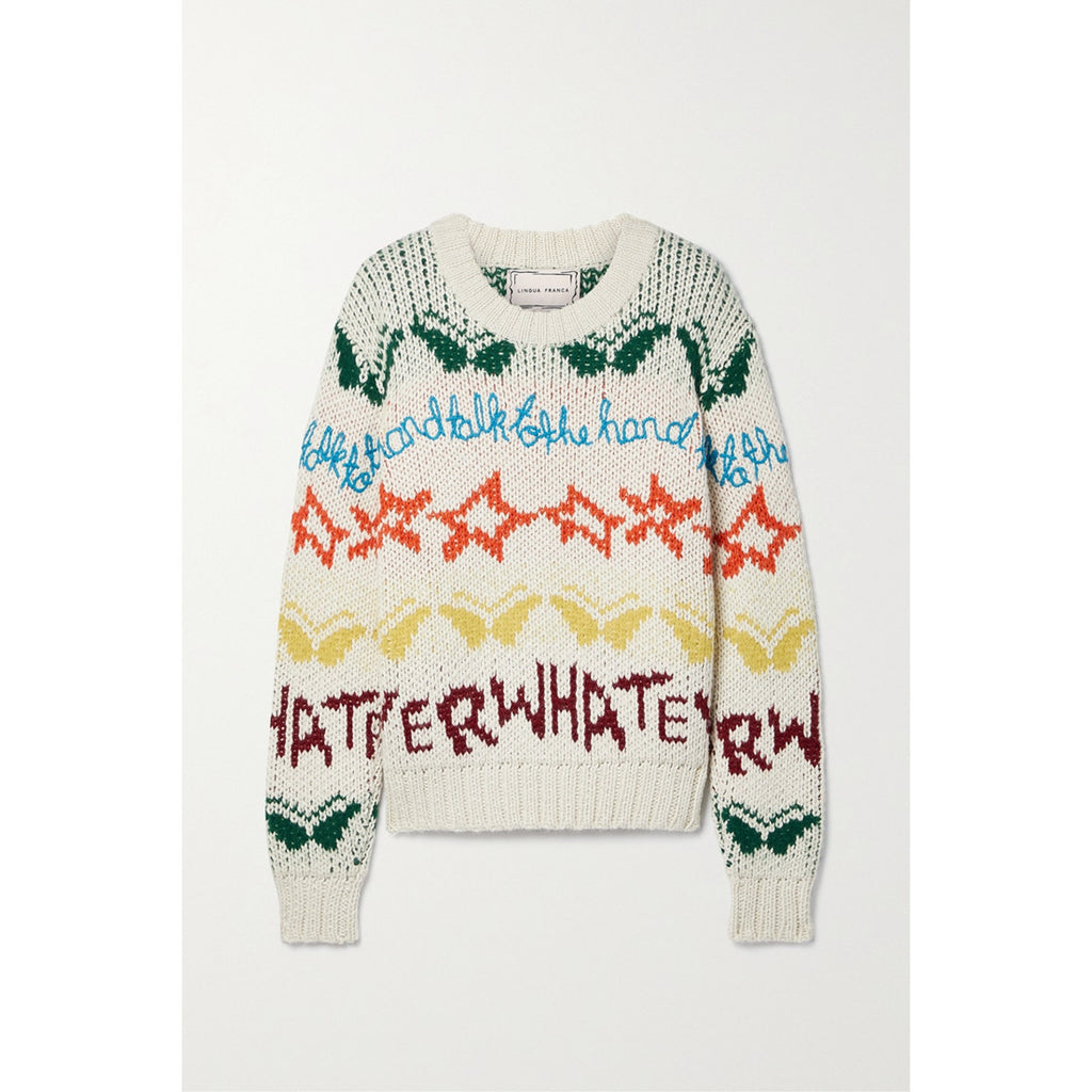 Lingua Franca 'Whatever' White Alpaca Wool Blend Jacquard Long Sleeve Sweater Size S