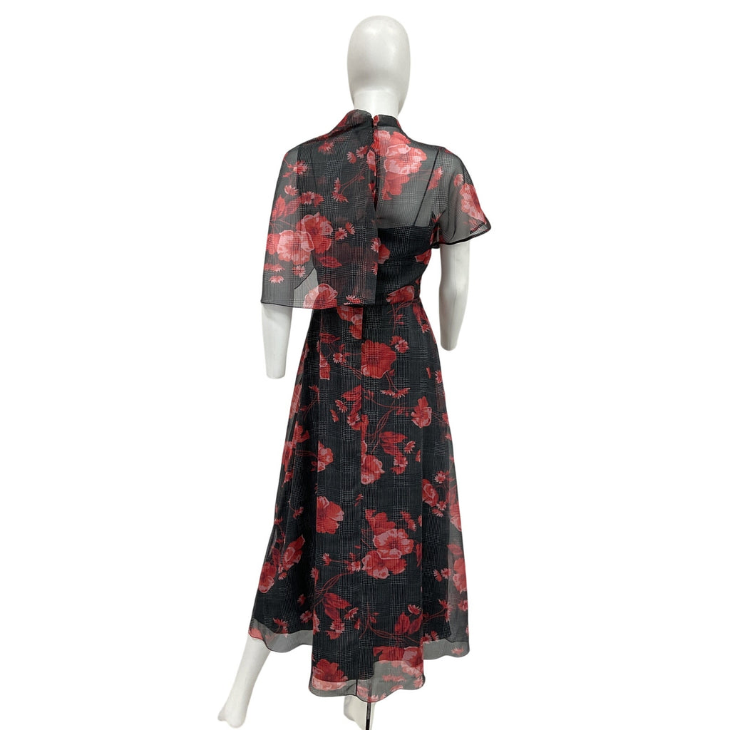 Lela Rose Floral Printed Glenn Black Polyester Plaid Chiffon Draped Bodice A-Line Dress Size 6 - NWT
