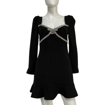 Self-Portrait Embellished Black Bow Trim Mini Dress Size 4 UK / US 0