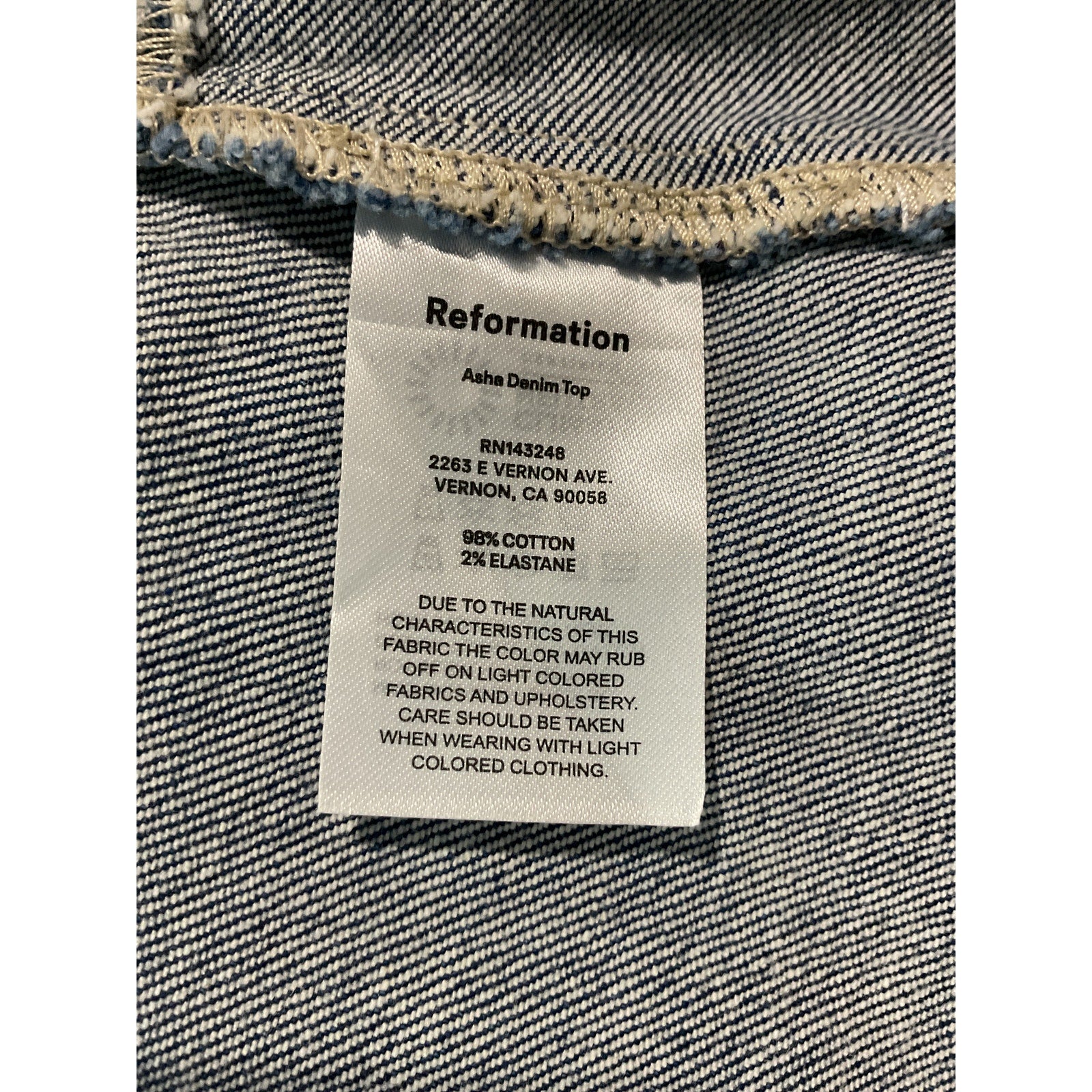Reformation 'Asha' Blue Cotton Denim Top Size 8