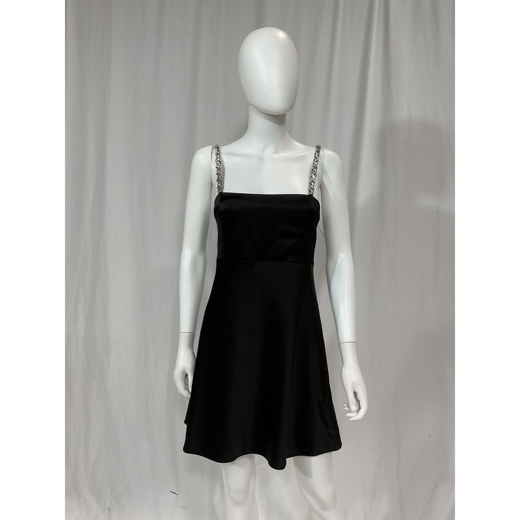 Alice + Olivia Black Sutton Crystal Embellished Strap Satin Mini Dress Size 4 - NWT