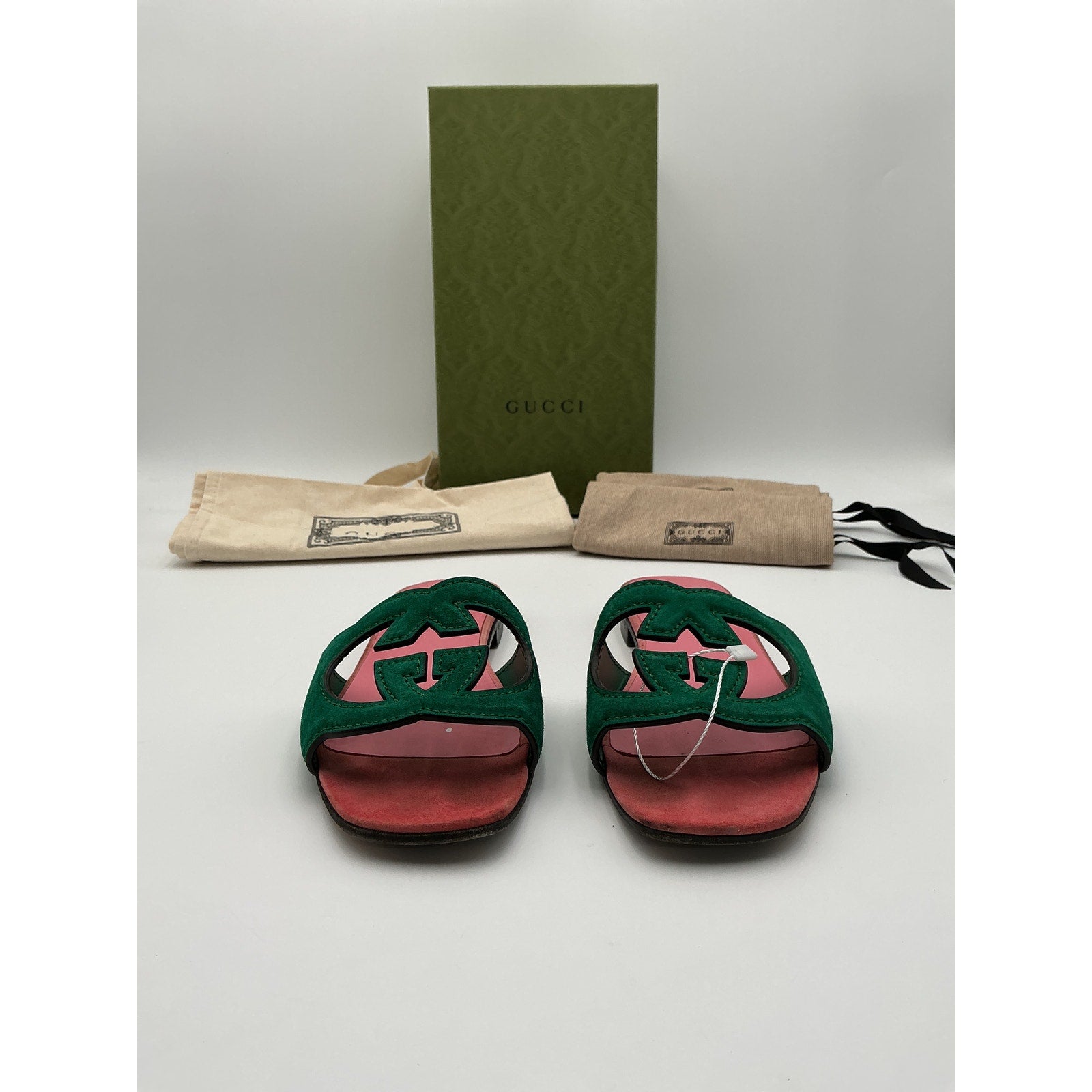 Gucci Green Suede Interlocking G Cutout Sandals Size 7.5