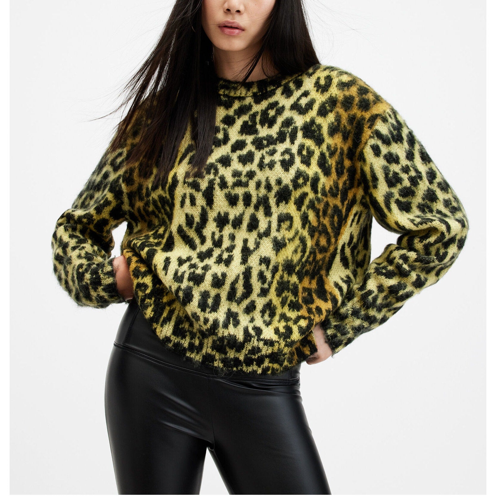 AllSaints Lex Oversized 'Leopard Print' Yellow Sweater Size M