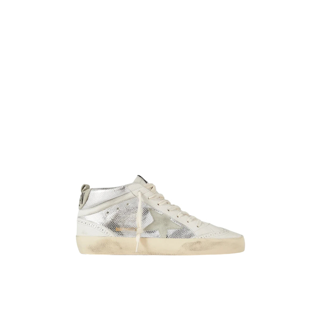 Golden Goose 'Mid Star' Silver Leather Distressed Suede-Trimmed Metallic Snake-Effect Leather Sneakers Size 8