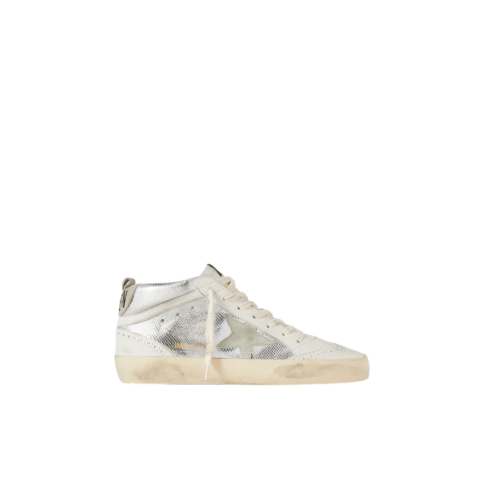 Golden Goose 'Mid Star' Silver Leather Distressed Suede-Trimmed Metallic Snake-Effect Leather Sneakers Size 8