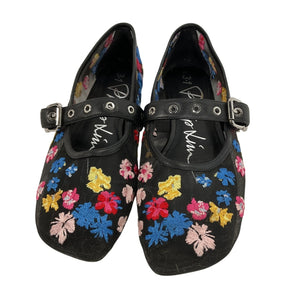 3.1 Phillip Lim Embroidered Black Multi Id Flowerworks Mary Jane Flats Size 38 EU / US 8