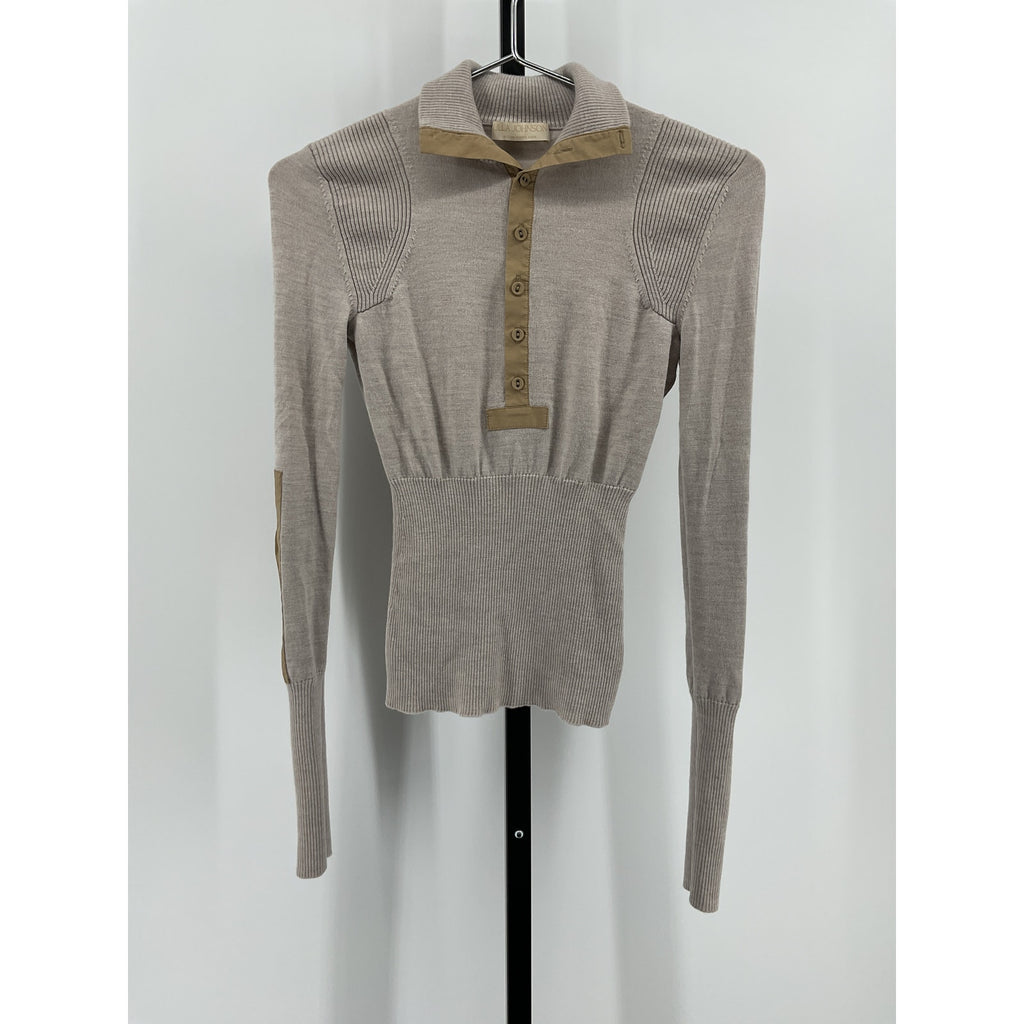 Ulla Johnson 'Drew' Beige Wool Poplin-Trimmed Ribbed Polo Sweater Size S