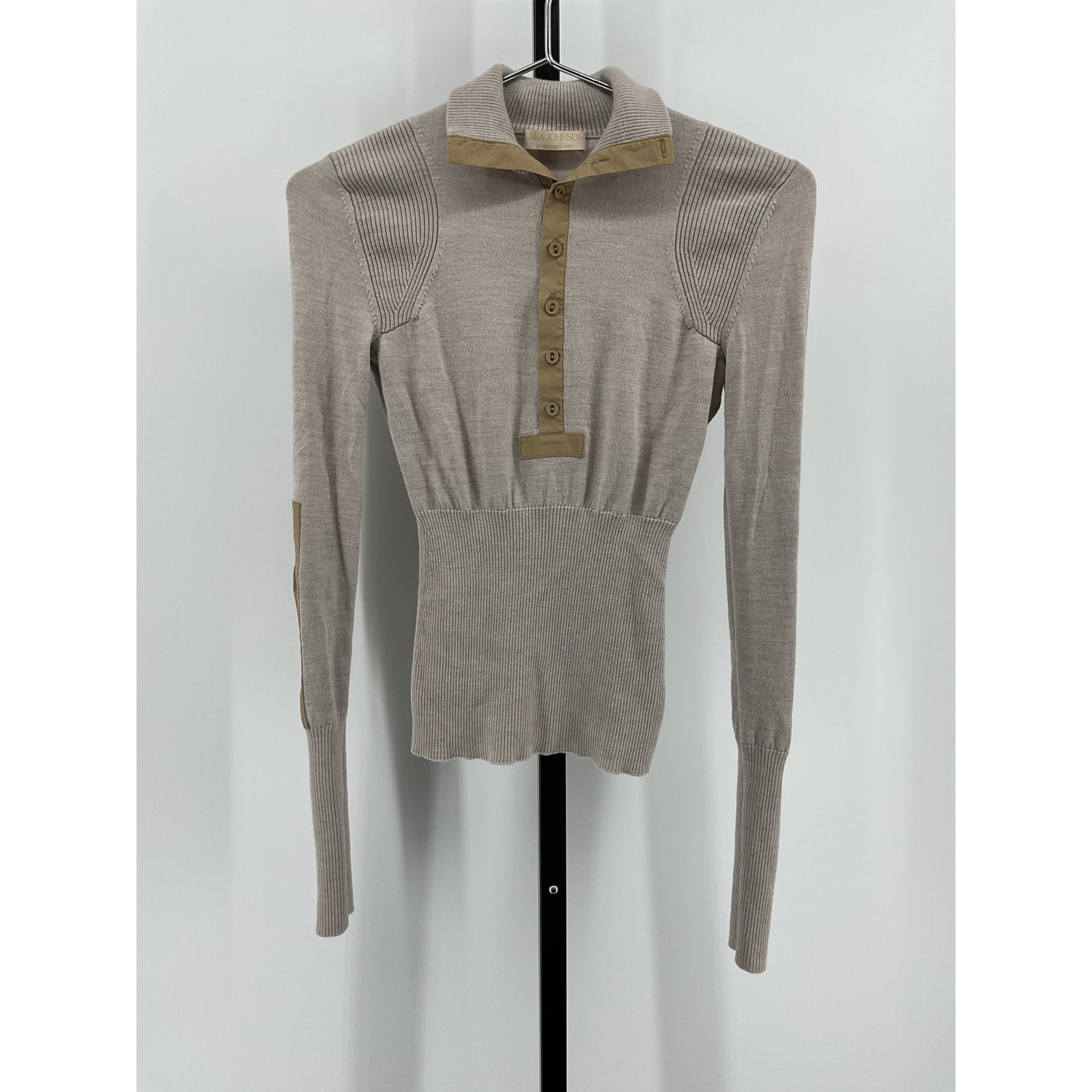 Ulla Johnson 'Drew' Beige Wool Poplin-Trimmed Ribbed Polo Sweater Size S
