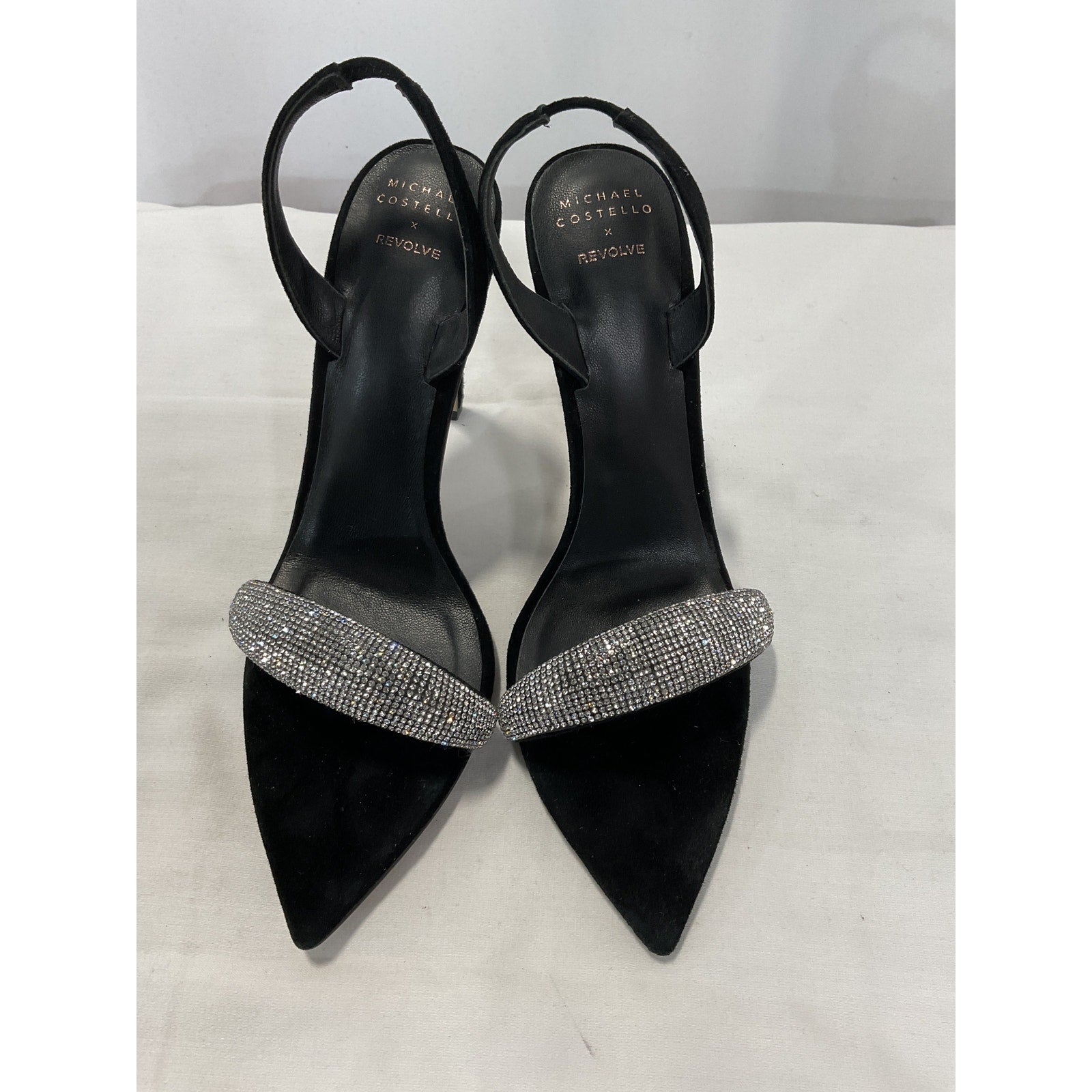 Michael Costello 'Monica' Black Crystal Embellished Velvet Trim Stiletto Heel Sandal Size 8