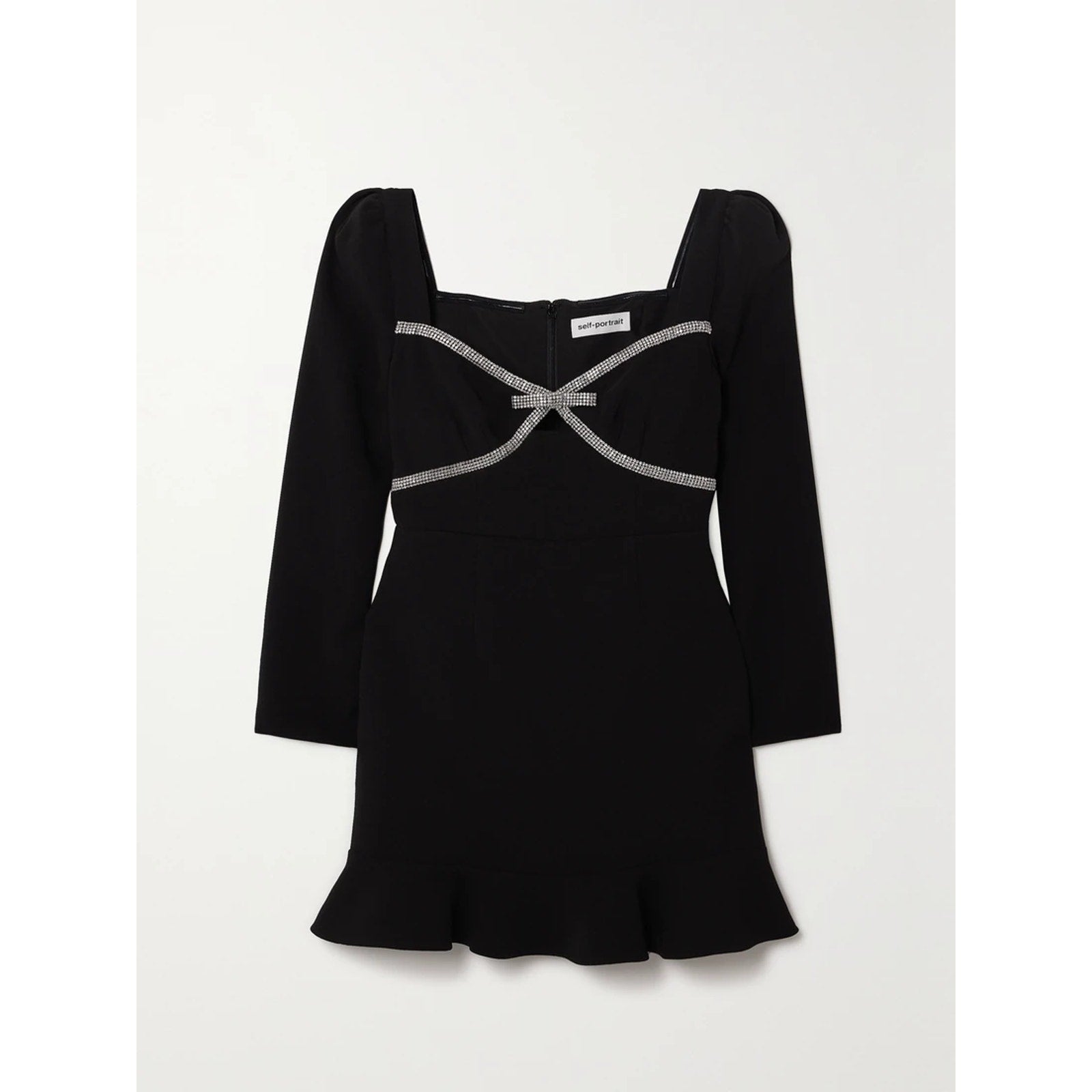 Self-Portrait Crystal-Embellished Ruffled Crepe Black Polyester Mini Dress Size 4