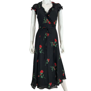 Reformation Romantic Black Rose Print Wrap Midi Dress Size S