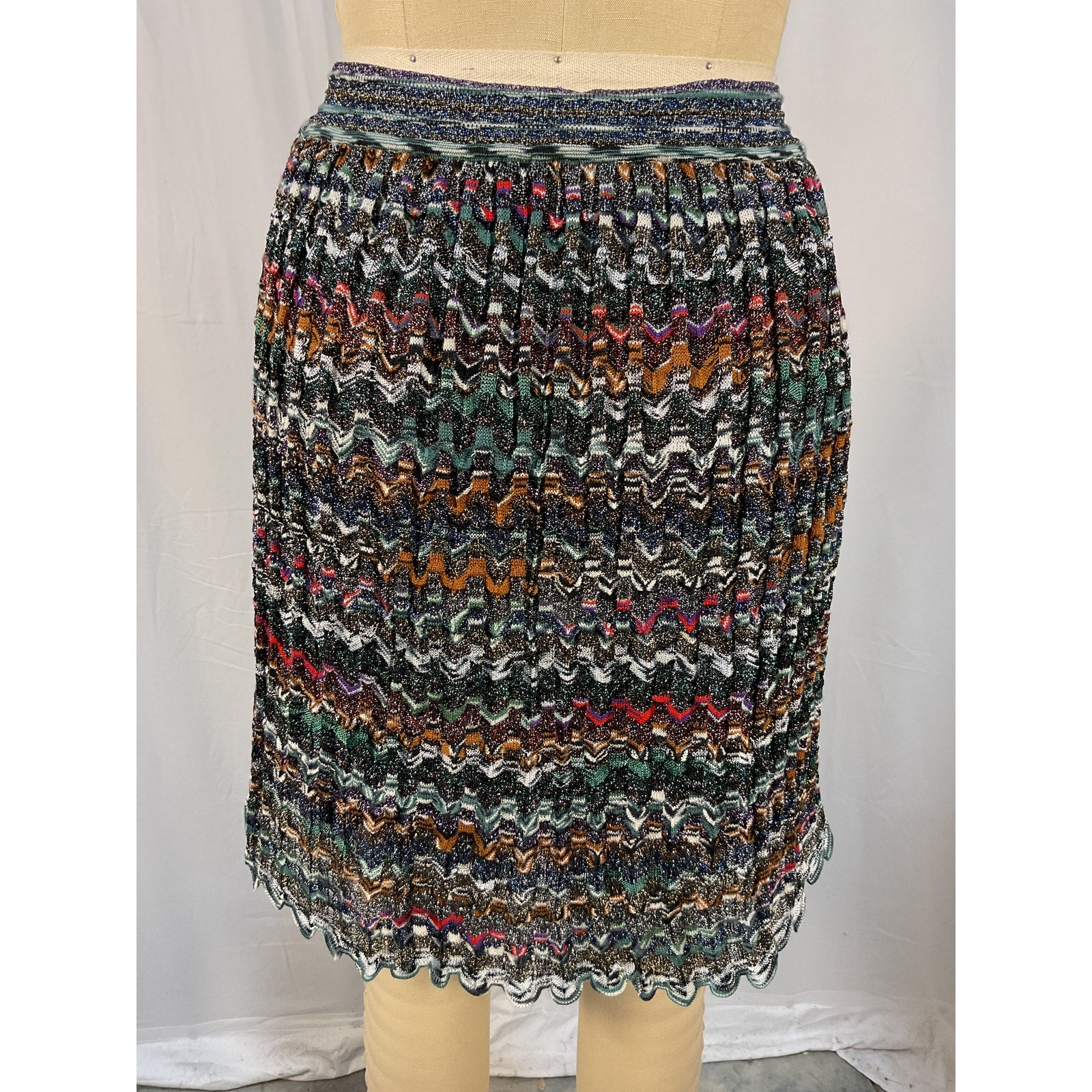 Missoni 'Striped' Green Metallic Crochet-Knit Mini Skirt Size S