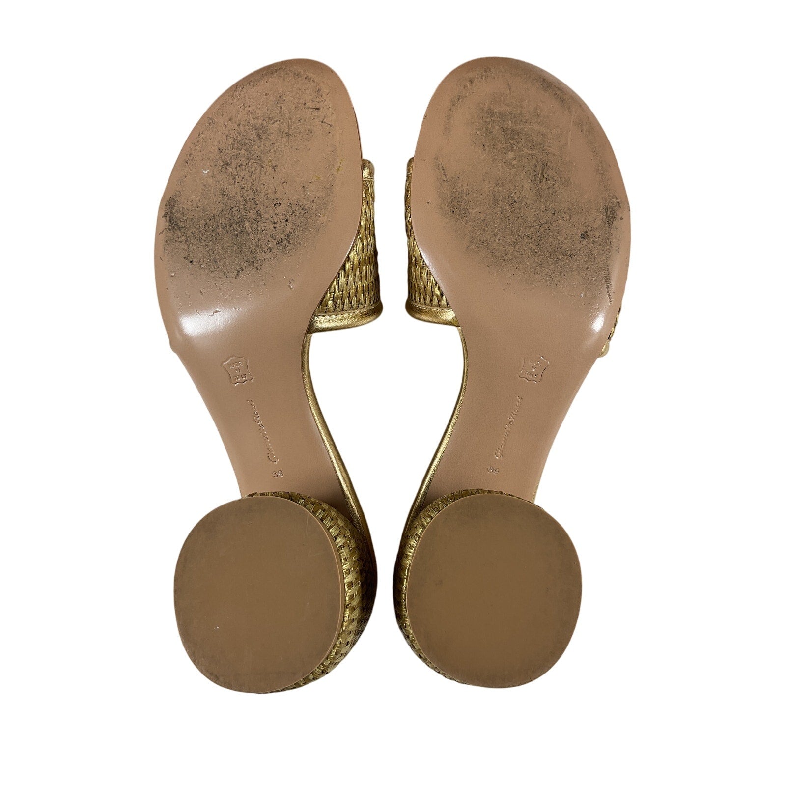 Gianvito Rossi 'Marbella & Nappa' Gold Raffia And Leather Silk Washed Mules Size 9