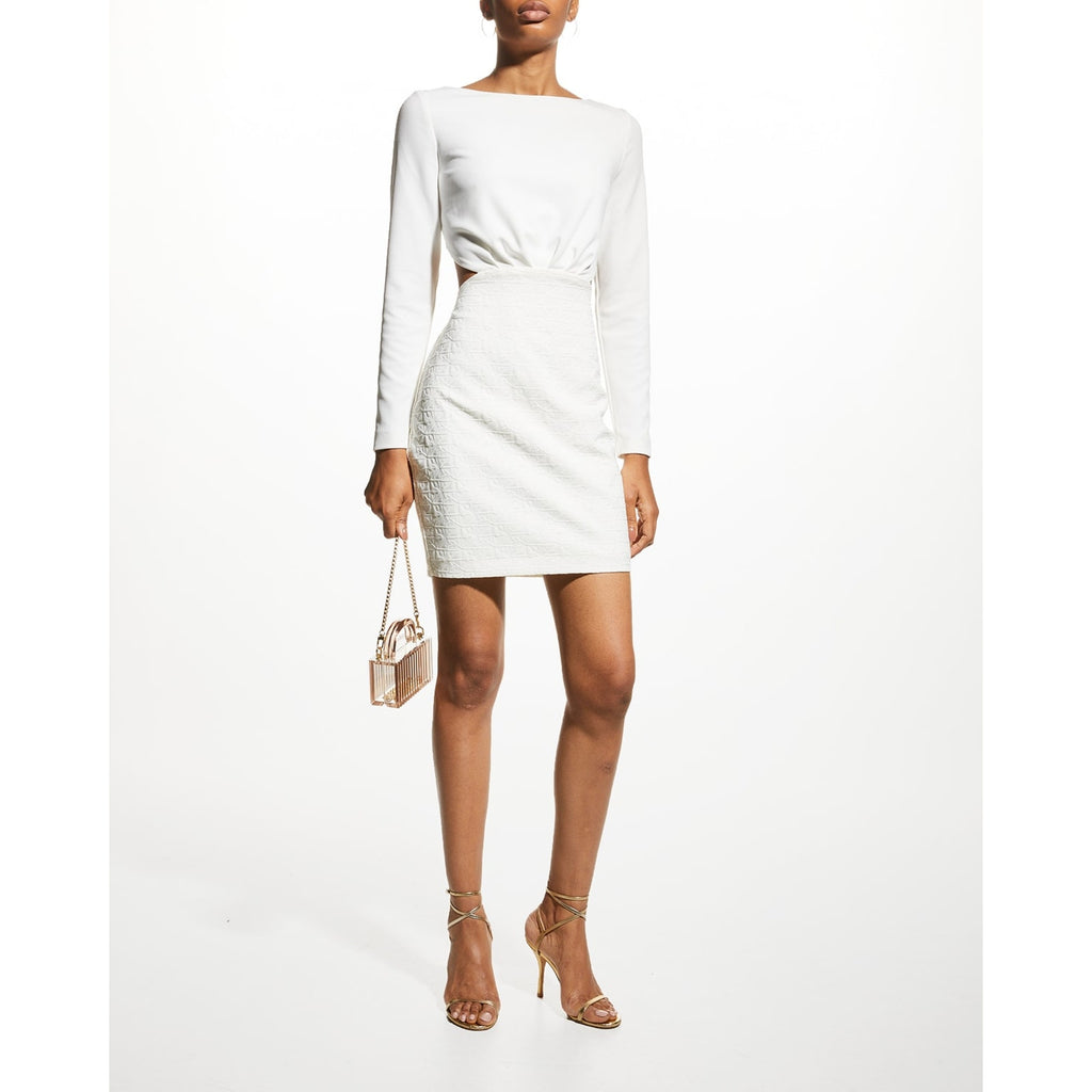 One33 'Social' White Jacquard Crepe Blend Open Back Twist Detail Boatneck Blouse Size 8
