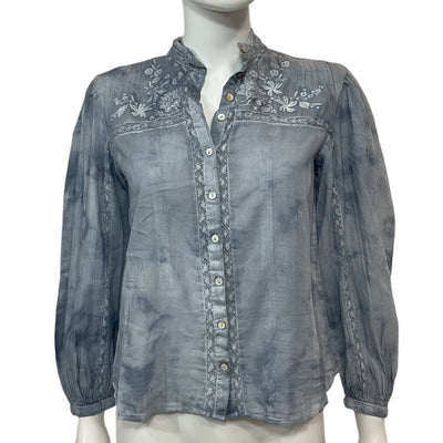 Loveshackfancy Embroidered Washed Denim Ronda Blouse Size XS NWT
