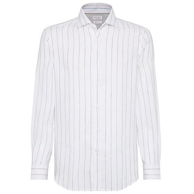 Brunello Cucinelli Linen Periwinkle Chalk Stripe Easy Fit Shirt Size XXL