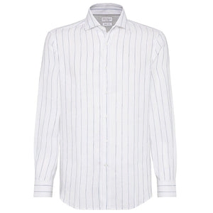 Brunello Cucinelli Linen Periwinkle Chalk Stripe Easy Fit Shirt Size XXL