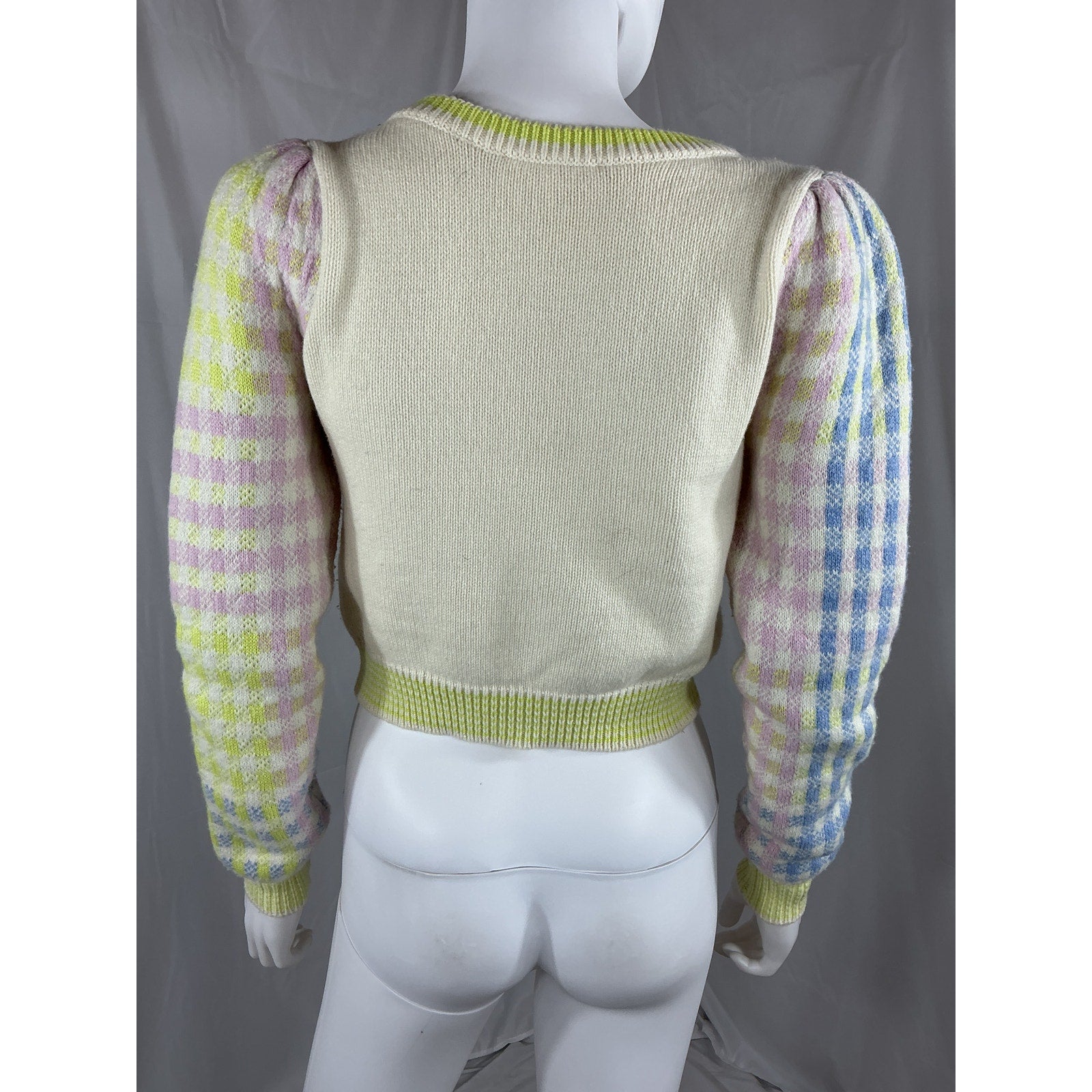 Loveshackfancy 'Dolana' Green Nylon Check Crop Pullover Sweater Size XS