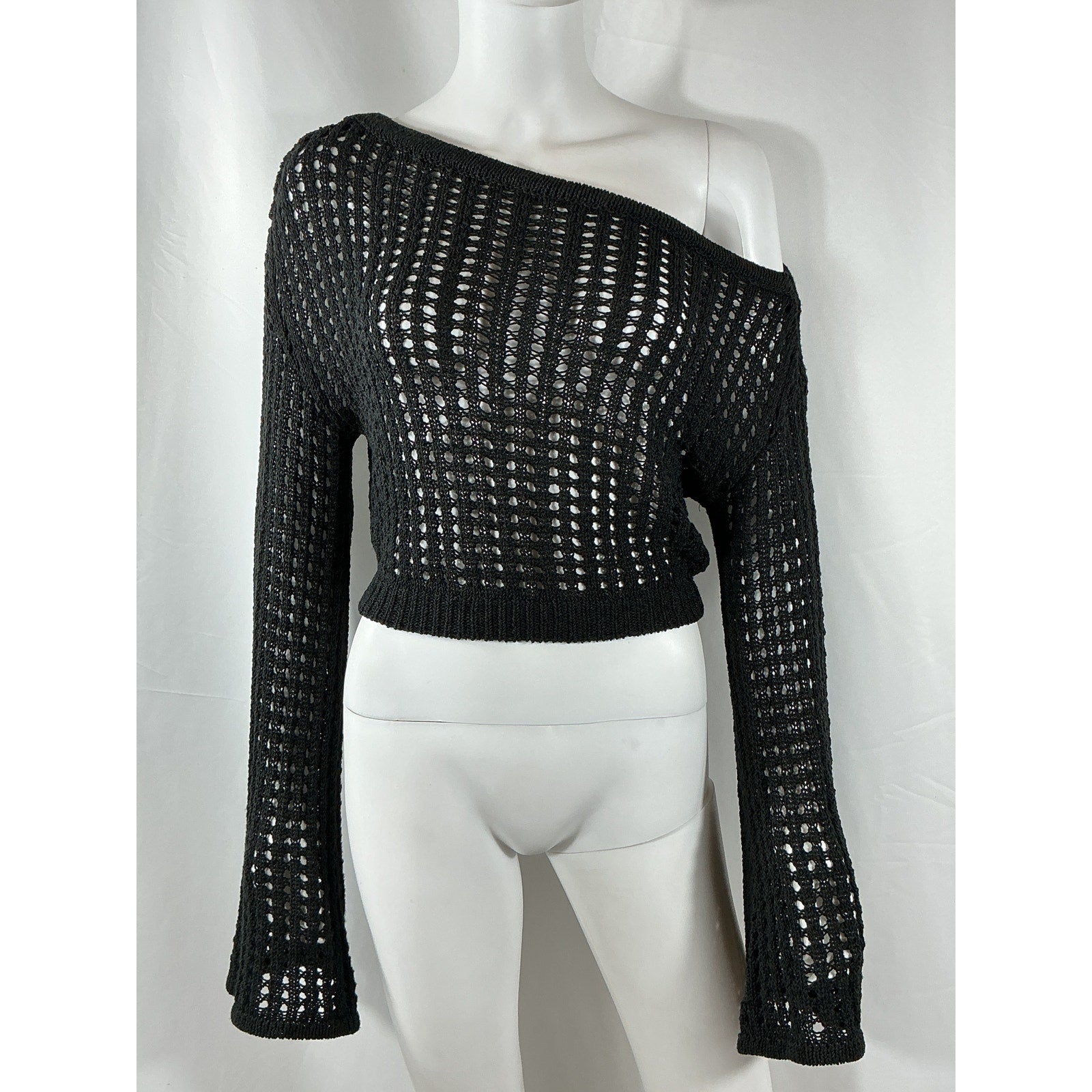 L'Academie 'Odilie' Black Cotton Crochet Off Shoulder Sweater Size M