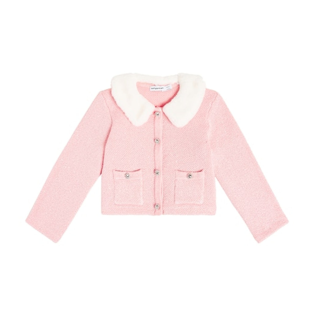 Self-Portrait Faux Fur-Trimmed Pink Cardigan Size 8-10