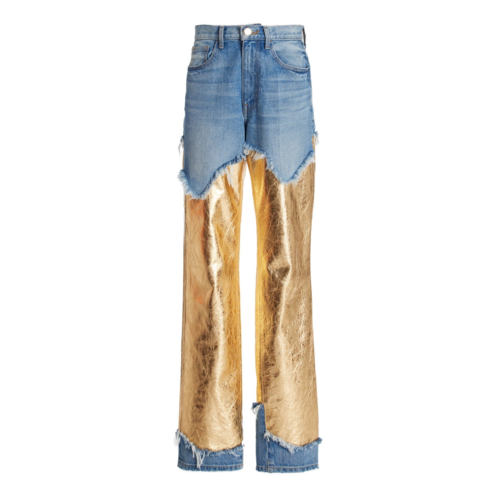 Brandon Maxwell 'The Cortlandt' Blue Cotton Paneled Metallic Leather Straight Leg Jeans Size 25