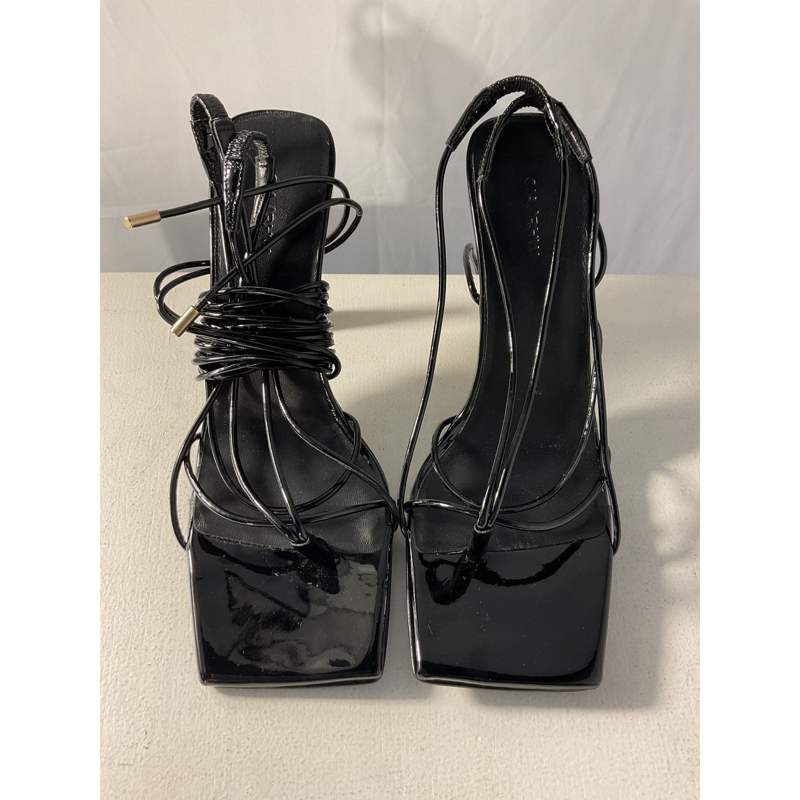 Gia Borghini x Rhw Black Patent Leather Short Lace Up Sandal Size 9
