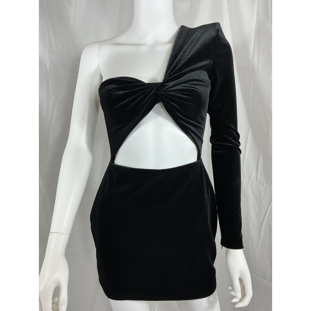 Alex Perry 'Velvet' Black Greer One Shoulder Cut Out Knot Mini Dress Size 4 - NWT