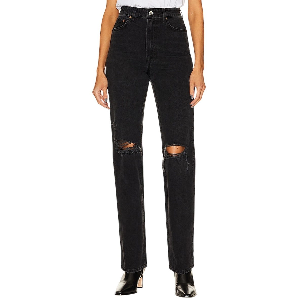 Grlfrnd Distressed Black Rock Sara Super High Rise Slim Straight Denim Jeans Size 24